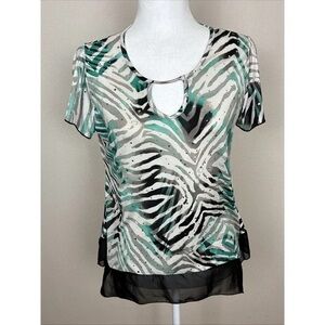 Keyhole Short-Sleeve Zebra-Print Top in Teal and Black